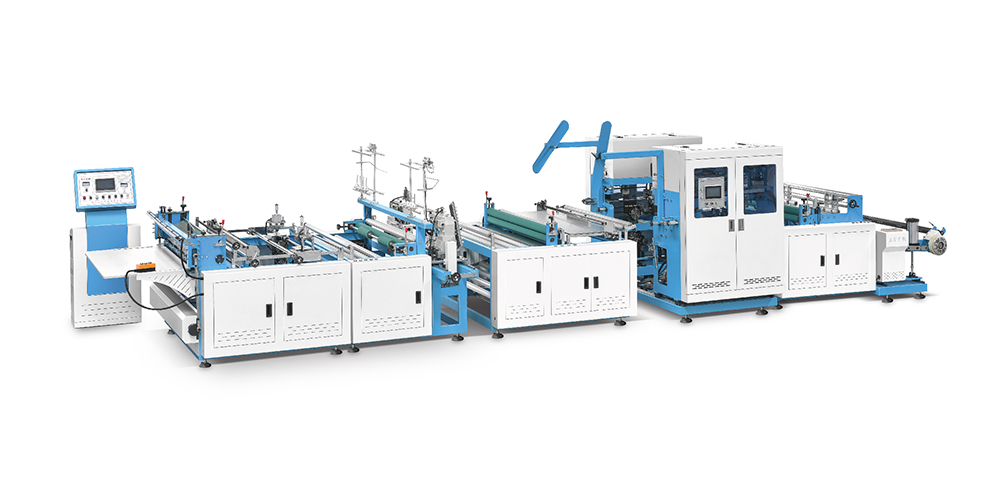 Máquina de corte transversal no tejida con fijación y costura de mango en línea